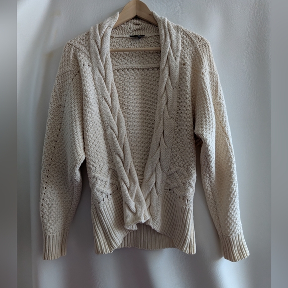 Theory Cashmere Wool Cream Aran Cable Knit Sweater Cardigan - M - Picture 1 of 16